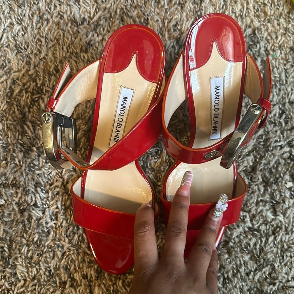 Manolo Blahnik
Bila Double-Band Patent Sandal, Red